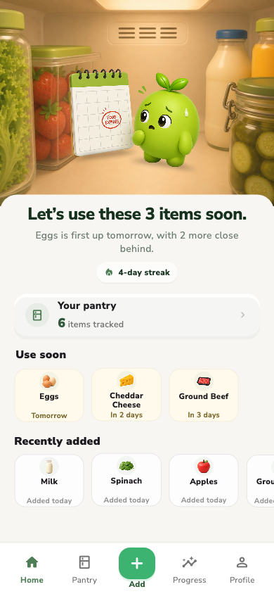 Presova home screen showing a healthy pantry and recently added foods