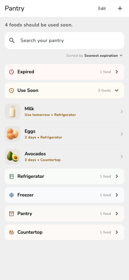 Presova Pantry showing urgent foods and expanded storage sections
