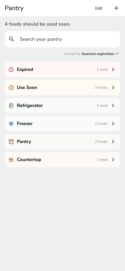 Current Presova Pantry screen organized by freshness and storage