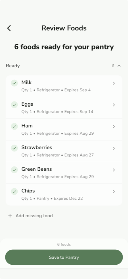 Presova Review Foods screen for checking recognized groceries