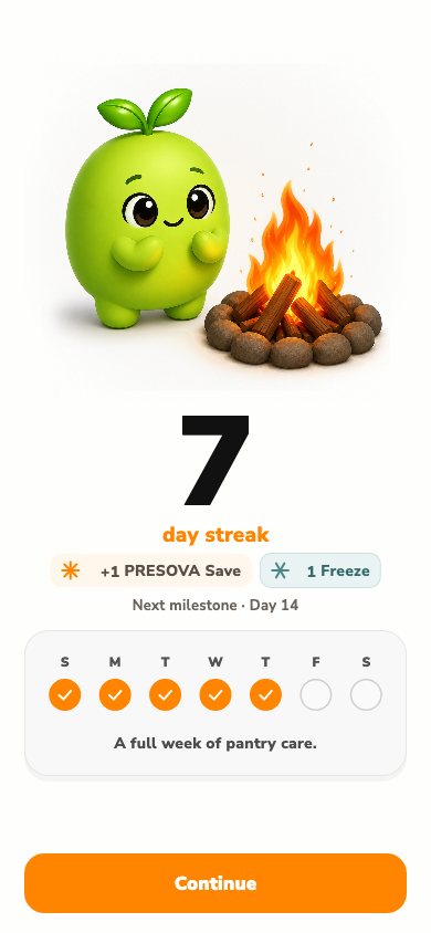 Presova seven-day streak screen with Zovi by a campfire